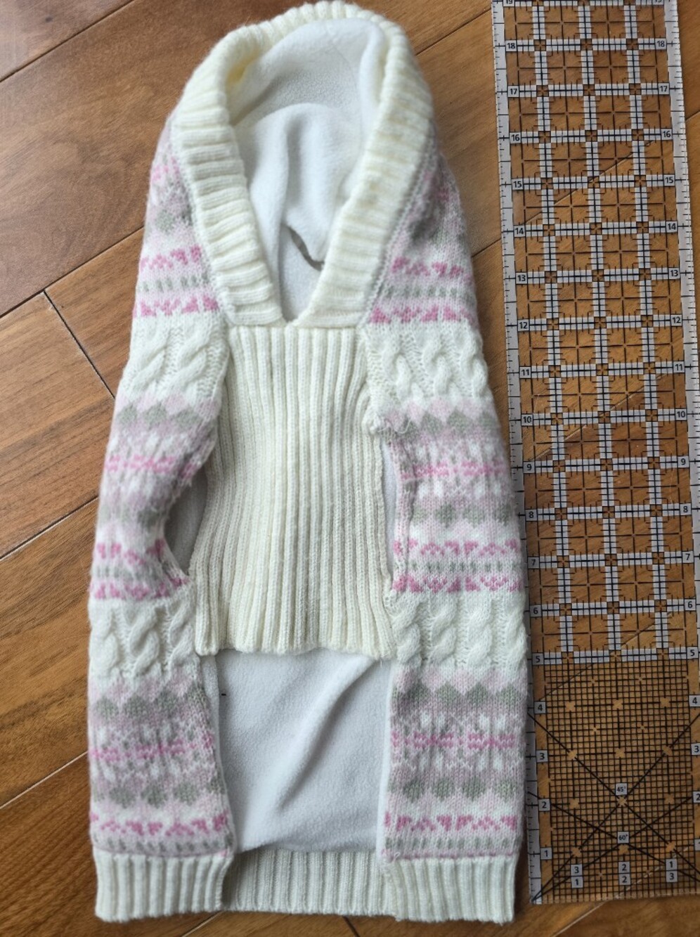 Dog Coat Cozy Cream Knit Sweater with Pink and Gray Fair Isle Pattern